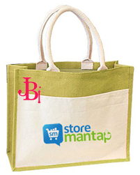 Promotional Jute Bags in olive green color with white pocket and logo print